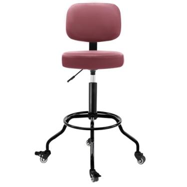 Imagem de CoVibrant Banco de garagem resistente com encosto ergonômico - rodas de borracha bloqueáveis e apoio para os pés alto, rotação de 360°, altura ajustável para bancada de trabalho, capacidade de 158 kg