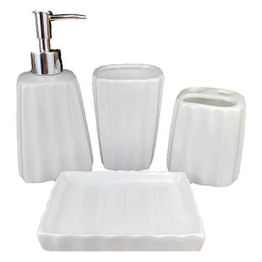 Imagem de Kit 4pçs Banheiro Lavabo Luxo Modelagem 3d Cerâmica Branco