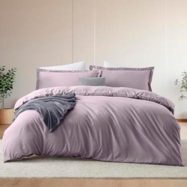 Imagem de Hearth & Harbor Conjunto de capa de edredom e lençol de casal roxo empoeirado, conjunto de cama com 7 peças, macio escovado, inclui capa de edredom, lençol de cima, lençol com elástico, fronhas e