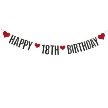 Imagem de HAPPY Banner de aniversário de 18 anos, pré-amarrado, decorações de festa com glitter de papel preto para artigos de festa de aniversário de 18 anos, letras pretas ZHAOFEIHN