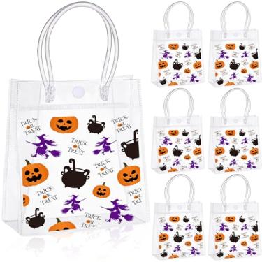 Imagem de SATINIOR 24 unidades de sacolas transparentes de Halloween com alças de abóbora bruxa de PVC transparente para presente de brindes com tema de Halloween para lembrancinhas de festa de doces ou