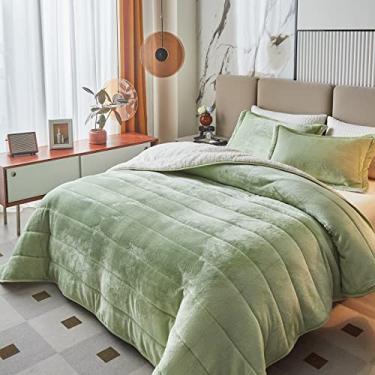 Imagem de Cobertor de cama grosso de lã de flanela de luxo de 3 camadas, tamanho queen casal, cobertor de lã de ovelha de veludo macio com 2 fronhas, quente para o inverno, respirável e lavável, verde menta