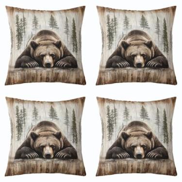 Imagem de jejeloiu Capas de almofada de urso fofas, animais selvagens, 45,72 x 45,72 cm, conjunto de 4 capas de almofada macias rústicas, campo, natureza, vida selvagem, urso, capas de almofada, decoração de