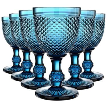 Imagem de Bokon Pacote com 6 taças de vinho tinto taças de vidro transparente de 283 g Cálice vintage em relevo com design de diamante cálice com haste para suco, licor, festa, casamento, bar (azul)