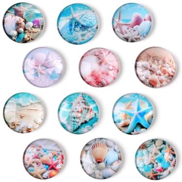 Imagem de 12 peças de vidro ímã de geladeira adesivo de geladeira padrão oceano ímãs de geladeira engraçados estrela do mar e conchas adesivo redondo de geladeira decoração para crianças armário de cozinha