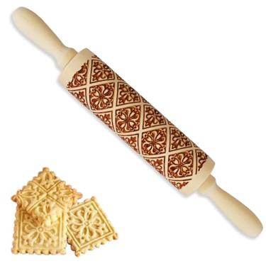 Imagem de Fymlhomi Rolo de massa de madeira em relevo para assar, rolo de madeira de Natal de 38 cm, rolo de massa com gravação profunda para massa, biscoitos, pastelaria, cozinha, ferramenta DIY (flor de