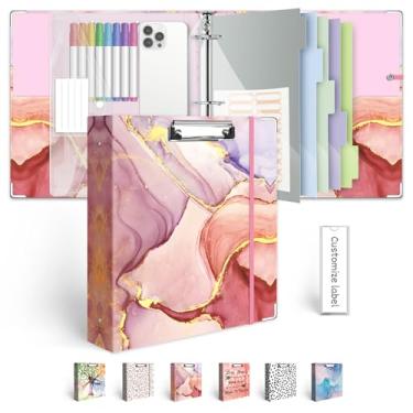 Imagem de Fichário com 3 argolas, 5 cm, organizador de fichário de três anéis com prancheta, divisórias de bolsos de 5 abas, pasta de plástico, 18 divisórias stikers, fichário decorativo rosa BVSSX com alça