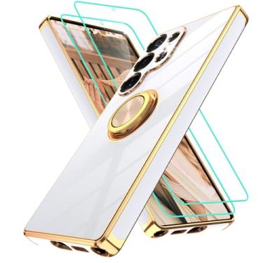 Imagem de Capa para Samsung Galaxy S25 Ultra: com 2 peças de protetor de tela, suporte de anel de rotação de 360°, suporte magnético banhado a ouro, borda dourada, capa protetora à prova de choque para S25