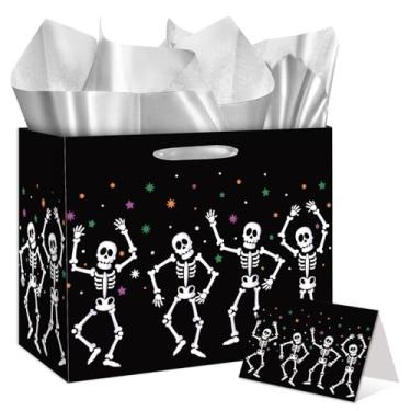 Imagem de EIGHTSTATES Bolsa de presente de esqueleto preto grande para presente de aniversário de Dia das Bruxas com cartão de felicitações e papel de seda, bolsa gótica engraçada para lembrancinhas de festa de