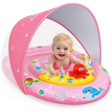 Imagem de Baby Pool Float EZIGO com dossel UPF50+, proteção solar rosa
