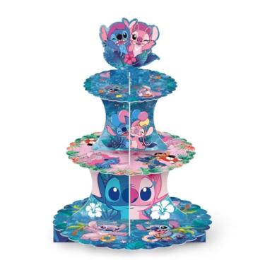 Imagem de Para artigos e decorações de festa com tema Stitch, um suporte de cupcake de três camadas, um suporte de exibição para sobremesas e bolos de aniversário, adequado para decorações de aniversário de