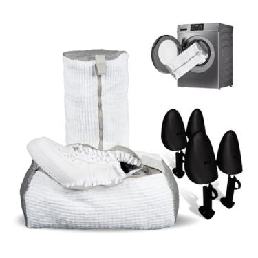 Imagem de Bolsa para máquina de lavar sapatos – 2 peças reutilizáveis duráveis sacos de lavagem de tênis, limpeza profunda 360°, saco de roupa com zíper para máquina de lavar, ajustável 2 pares de árvores de