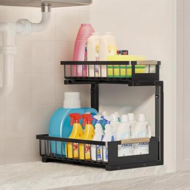Imagem de Organizador sob a pia, organizador grande de 2 camadas para pia de banheiro com altura ajustável, organizador de metal embaixo do armário e armazenamento para balcão de cozinha, lavanderia, preto, 1