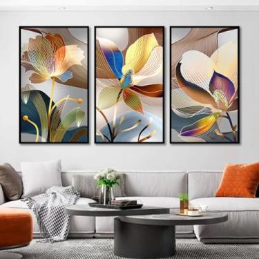 Imagem de Kit com 3 Quadros Decorativos 30x50 cm Floral Vibrante Figurado com Moldura Retangular Preta com 2cm de largura, na posição Vertical, ideal para ambiente de Sala, Quarto e Hall. Tamanho dos quadros montado na parede 50x94cm