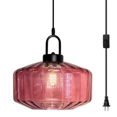 Imagem de Lâmpada pendurada de vidro com pingente de luz moderna de meados do século, luminária de vidro listrada roxa com cabo de plugue de 4,6 m para sala de estar, sala de jantar, quarto, cozinha ilha