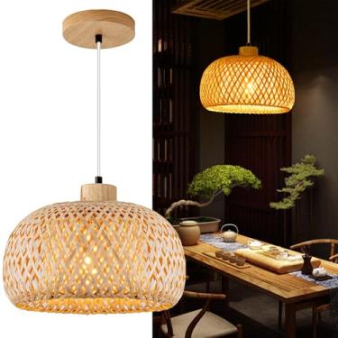 Imagem de Luminária pendente de vime de bambu de 59,9 cm, luminária de teto de vime boho tecida à mão, luminária pendente bege Lustre rústico de fazenda para ilha de cozinha, sala de jantar, quarto, sala de