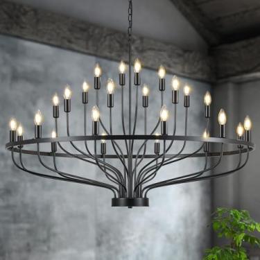 Imagem de Widluth Lustre preto grande de 120 cm 24 lustres de vela industrial rústica leve moderna casa de fazenda vintage lustre de roda de vagão para sala de jantar, ilha de cozinha, corredor, sala de estar