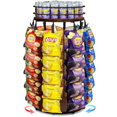 Imagem de Usluole Suporte de exibição de chips, organizador de lanche de 5 camadas e 40 clipes com cerca, base de madeira giratória de 360°, suporte de saco de lascas, expositor de doces para bancada, festa