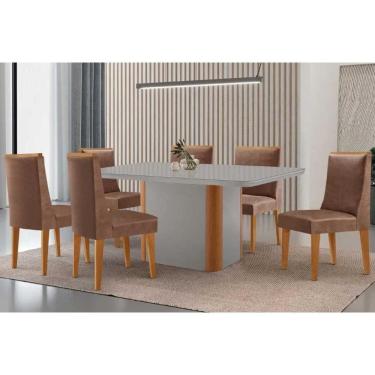 Imagem de Conjunto Sala de Jantar Pietá c/ Tampo Madeirado c/ Vidro Canto Curvo 180x90cm e 6 Cadeiras Dakota Madeira Maciça Naturale/Off White - Capuccino/Coran