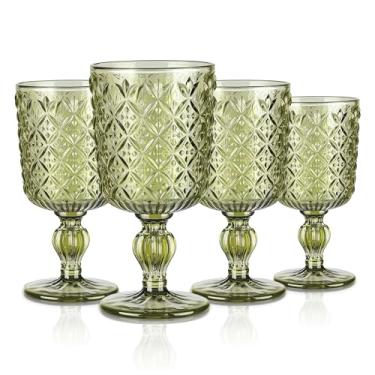 Imagem de Joeyan Copos de vinho vintage verdes, taças de água, copos de bebida com haste com padrão em relevo, vidro colorido para festa de casamento, banquete, 293 g, conjunto de 4, pode ser lavado na
