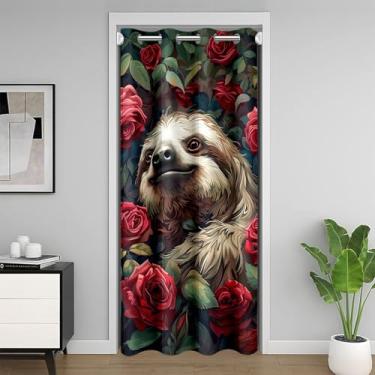 Imagem de Castle Fairy Linda cortina de porta preguiça rosa vermelha floral escurecimento cortina blackout folhas da selva cortina de entrada para crianças adolescentes adultos adorável animal selvagem cortina