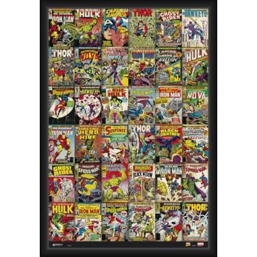 Imagem de BUY ART FOR LESS Pôster de arte emoldurado oficialmente licenciado pela Marvel - Capas clássicas de quadrinhos - 61 x 91 cm - Moldura de madeira projetada resistente com vidro plexi - Pronto para