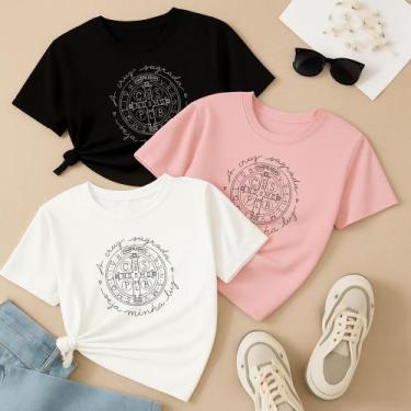 Imagem de Kit com 3 Camisetas Estampadas Oração São Bento Círculo Modinha Cristã