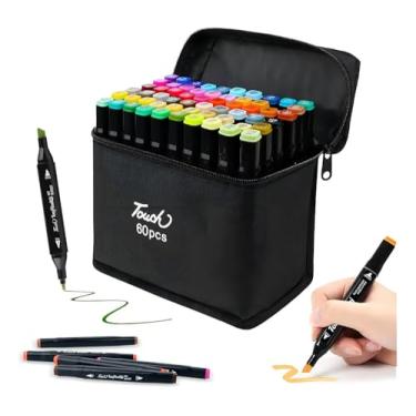 Imagem de Canetinha Ponta Dupla para Colorir Kit Estojo de Canetas Escolar Marcador Coloridas Permanente Duas Pontas 60 Cores