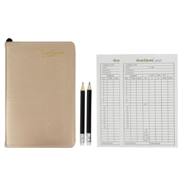 Imagem de Scott Edward Suporte de cartão de pontuação de golfe de couro para estatística e rastreamento de pontuação à prova d'água macio grosso suporte de cartão de árbitro (dourado)