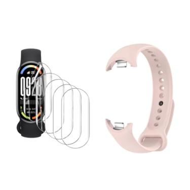 Imagem de Kit Pulseira Silicone Flexível para Xiaomi Mi Band 5 /Mi band 6 /Mi band 7 /Mi band 8 /Mi band 9 + 2x Película Protetora Gel Ultra-Slim (Rosa areia Mi 5 +2x pelicula)