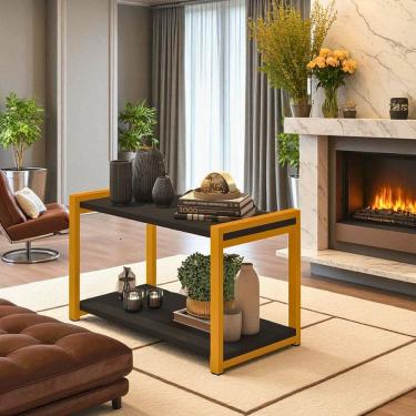 Imagem de Mesa de Centro Atenas 2 Prateleiras MDF Estrutura de Metalon Moderna Funcional