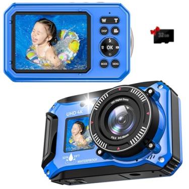 Imagem de Câmera digital subaquática UHD 4K 56MP 33FT para mergulho com cartão de 32 GB, tela dupla, compacta, à prova d'água, à prova de poeira, flutuante, ponto de foco automático e bateria digital de 1500