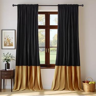 Imagem de Cortinas de veludo preto dourado para sala de estar com 304,8 cm de comprimento, 2 painéis, cortinas blackout modernas com bloco de cores, bolso traseiro para varão, cortinas à prova de som, para