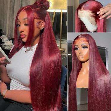 Imagem de Perucas Lisas Sem Cola #99J Borgonha 13x4 HD Transparente Lace Front Perucas de Cabelo Humano Pré-Arrancadas Lace Front Perucas Cabelo Humano Vinho Vermelho Colorido Lace Frontal Perucas de Cabelo