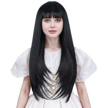 Imagem de Ufindcos Peruca preta longa infantil - franja natural reta, peruca sintética de 56 cm com touca