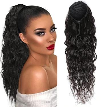 Imagem de Ladyrite Extensões de rabo de cavalo com cordão ondulado de água 100% cabelo humano ondulado de milho para mulheres clipe de rabo de cavalo preto natural em cabelo virgem 40,6 cm