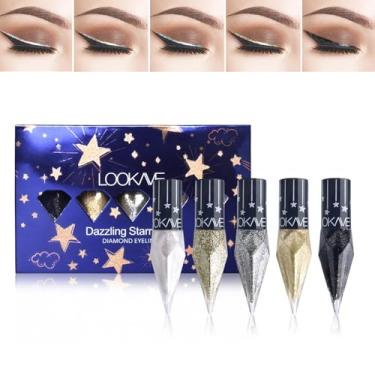 Imagem de LAMUSELAND Conjunto de delineador líquido com glitter, 5 cores/pacote com caneta delineadora líquida de pigmento brilhante metálico, kit de maquiagem de sombra colorida de longa duração à prova d'água