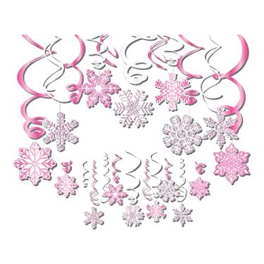Imagem de CC HOME Pacote com 30 espirais de floco de neve rosa para pendurar no teto de inverno, decorações de festa de aniversário, lembrancinhas temáticas de Natal para festival, chá de bebê, decoração de