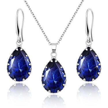 Imagem de Linawe Conjuntos De Joias Femininas Cristal Safira Azul Royal, Brincos Pendentes Prata, Colar Com Pingente Diamante Falso, Zircônia Cúbica Em Formato Lágrima E Strass Combinando A Pedra Do Mês