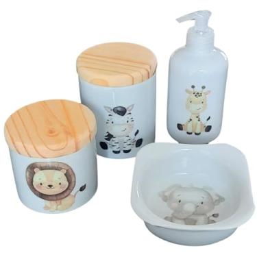 Imagem de Kit higiene bebê Safari 4 peças - potes, porta álcool e molhadeira decorada - Peças Porcelana Tampas Pinus
