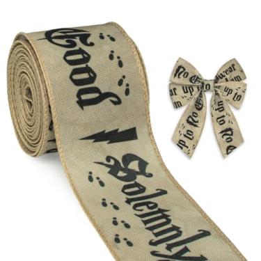 Imagem de Threetols Spell Wired Edge Ribbons 6,3 cm 10 jardas fita de embrulho marrom mágica decoração I solenemnly swear that I am up to no good tecido de serapilheira para decoração de Natal DIY artesanato
