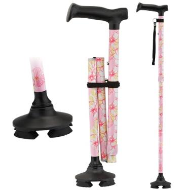 Imagem de NOVA Bengala quádrupla dobrável para homens e mulheres – Bengala ajustável, leve com ponta giratória, base autônoma, bolsa de transporte e 4 pontas extras – Bengala dobrável para idosos, floral rosa