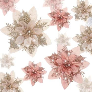 Imagem de Geosar 24 flores artificiais de poinsétia de Natal com purpurina, decorações de flores de casamento, enfeites de árvore de Natal com clipes para lembrancinhas de festa, 15,2 cm, 10,2 cm, 7,6 cm (ouro