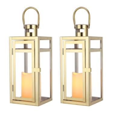 Imagem de TRIROCKS Conjunto de 2 lanternas decorativas de aço inoxidável, suporte de vela de metal alto de 30 cm, lanterna de vela externa com painéis temperados para decoração de casa, sala de estar, festas