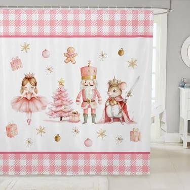 Imagem de Conjunto de cortina de chuveiro rosa para árvore de Natal, acessórios de banheiro com quebra-nozes 183 cm L x 84 C, decoração de floco de neve de rato de desenho animado cortina de banho feliz natal