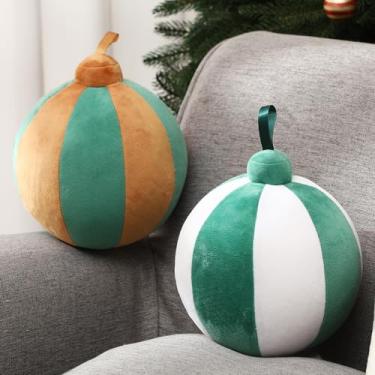 Imagem de Lineshading 2 peças de almofadas de bola de Natal redondas de 17,8 cm em formato de Natal 3D, decoração de bola fofa para sofá, cadeira, cama, sala de estar (marrom, verde, branco)