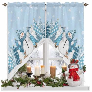 Imagem de Cortinas de Natal boneco de neve swag sanefas de inverno árvore de Natal flocos de neve azul céu varão bolso cortinas de cozinha recortado tratamento de janela sanefa para sala de estar quarto, 1 par