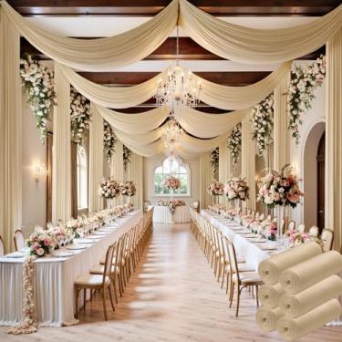 Imagem de Cortina de teto bege de 7,5 m × 6 m para festas de casamento, tecido drapeado de poliéster sem rugas, cortina bege para barraca de festa, dossel de hotel, banquete, salão, decoração de teto, 6 painéis