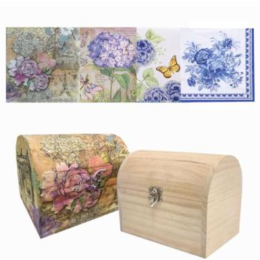 Imagem de Caixa de madeira inacabada com 20 guardanapos de papel de decoupage - baú de tesouro DIY (15 x 10 x 12 cm) com 4 impressões coloridas - suprimentos de decoupage / decoração para iniciantes para