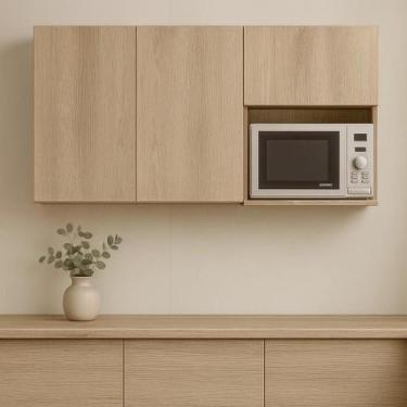 Imagem de Armário Aereo De Cozinha Nicho Microondas MDF amadeirado 120cm Rafaro 
